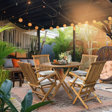 Load image into Gallery viewer, 5 Piece Teak Wood Long Beach Patio Dining Set with 47" Round Folding Table and 4 Folding Arm Chairs