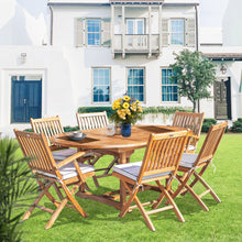Load image into Gallery viewer, 7 Piece Teak Wood San Diego Patio Dining Set with Round to Oval Extension Table, 2 Arm Chairs and 4 Side Chairs