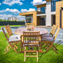 Load image into Gallery viewer, 7 Piece Teak Wood San Diego Patio Dining Set with Round to Oval Extension Table, 2 Arm Chairs and 4 Side Chairs