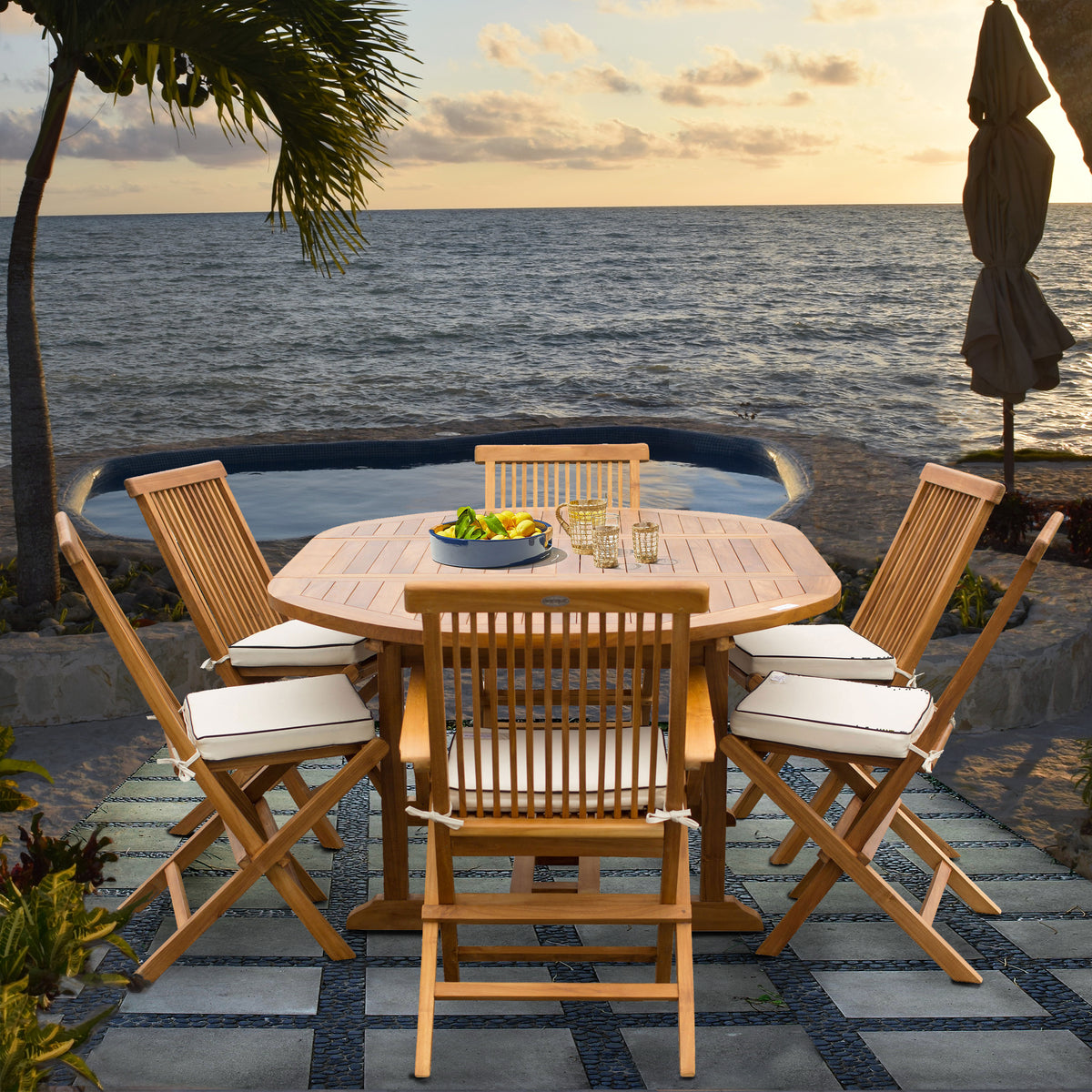 Round teak patio table and online chairs