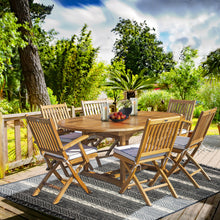 Load image into Gallery viewer, 7 Piece Teak Wood San Diego Patio Dining Set with Round to Oval Extension Table, 2 Arm Chairs and 4 Side Chairs