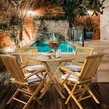 Load image into Gallery viewer, 5 Piece Teak Wood Long Beach Patio Dining Set with 47" Round Folding Table and 4 Folding Arm Chairs