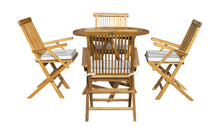 Load image into Gallery viewer, 5 Piece Teak Wood Long Beach Patio Dining Set with 47" Round Folding Table and 4 Folding Arm Chairs