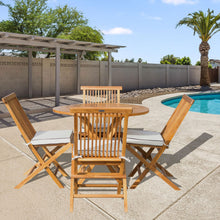 Load image into Gallery viewer, 5 Piece Teak Wood Long Beach Patio Dining Set with 47" Round Folding Table and 4 Folding Side Chairs