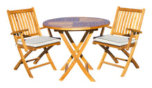 Load image into Gallery viewer, 3 Piece Teak Wood Long Beach Patio Dining Set, 36" Round Folding Table with 2 Folding Arm Chairs