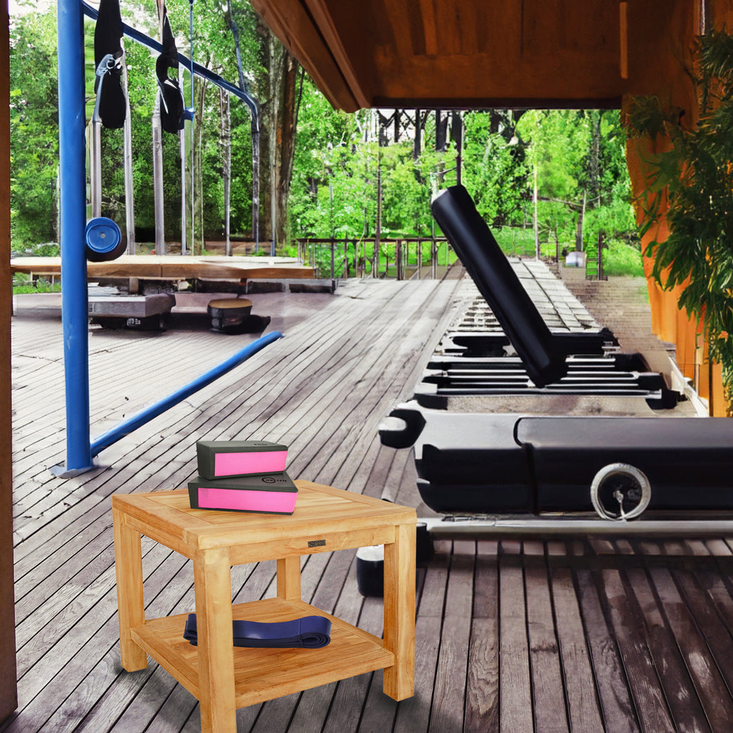 Teak Wood La Mesa Large Side Table/Stool with Shelf for Home Gym, Yoga Studio or Exercise Room