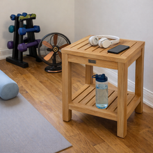 Load image into Gallery viewer, Teak Wood La Mesa Large Side Table/Stool with Shelf for Home Gym, Yoga Studio or Exercise Room