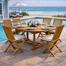 Load image into Gallery viewer, 7 Piece Teak Wood Lauderdale Patio Dining Set with Round to Oval Extension Table, 2 Arm Chairs and 4 Side Chairs