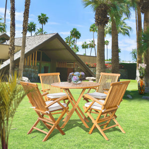 5 Piece Teak Wood Long Beach Dining Set with 47" Round Folding Table and 4 Folding Arm Chairs