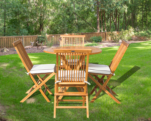 5 Piece Teak Wood Long Beach Patio Dining Set with 47" Round Folding Table and 4 Folding Side Chairs