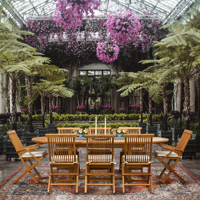 9 Piece Teak Wood West Palm Patio Dining Set with Oval Extension Table, 2 Folding Arm Chairs and 6 Folding Side Chairs