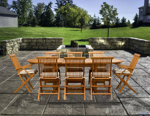 9 Piece Teak Wood West Palm Patio Dining Set with Oval Extension Table, 2 Folding Arm Chairs and 6 Folding Side Chairs