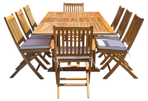9 Piece Teak Wood Santa Monica Patio Dining Set with Rectangular Extension Table, 2 Folding Arm Chairs and 6 Folding Side Chairs
