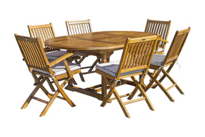 7 Piece Teak Wood San Diego Patio Dining Set with Round to Oval Extension Table, 2 Arm Chairs and 4 Side Chairs