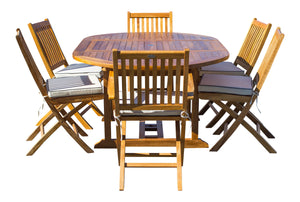 7 Piece Teak Wood San Diego Patio Dining Set with Round to Oval Extension Table, 2 Arm Chairs and 4 Side Chairs