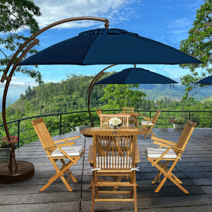 5 Piece Teak Wood Long Beach Dining Set with 47" Round Folding Table and 4 Folding Arm Chairs