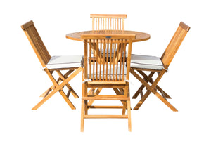 5 Piece Teak Wood Long Beach Patio Dining Set with 47" Round Folding Table and 4 Folding Side Chairs