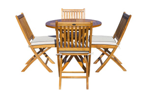 5 Piece Teak Wood Las Palmas Patio Dining Set, 47" Round Folding Table with 4 Folding Side Chairs