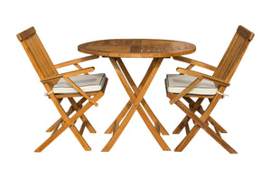 3 Piece Teak Wood Valencia Patio Dining Set, 36" Round Folding Table with 2 Folding Arm Chairs