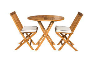 3 Piece Teak Wood Valencia Patio Dining Set, 36" Round Folding Table with 2 Folding Side Chairs