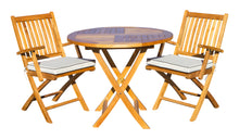 Load image into Gallery viewer, 3 Piece Teak Wood Long Beach Patio Dining Set, 36&quot; Round Folding Table with 2 Folding Arm Chairs