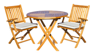 3 Piece Teak Wood Long Beach Patio Dining Set, 36" Round Folding Table with 2 Folding Arm Chairs