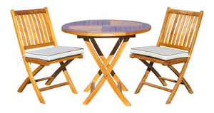 3 Piece Teak Wood Long Beach Patio Dining Set, 36" Round Folding Table with 2 Folding Side Chairs