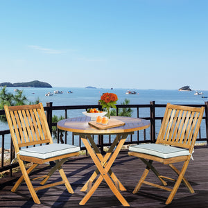 3 Piece Teak Wood Long Beach Patio Dining Set, 36" Round Folding Table with 2 Folding Side Chairs